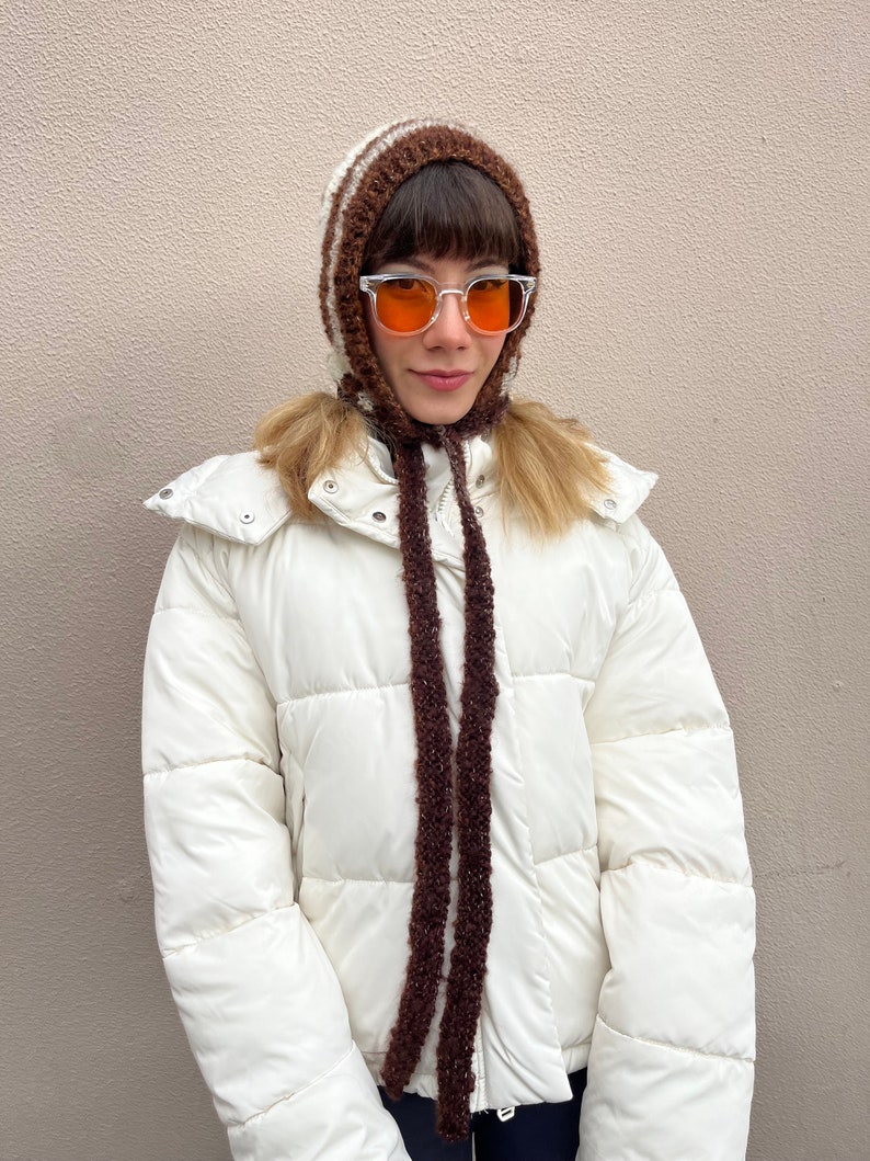 Unique mohair bonnet for adults, brown tones mohair balaclava with ties, super soft fluffy balaclava image 8