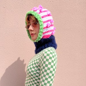 Hand knit balaclava with pom poms, cozy hand knit head wear, colorful knitted hood, striped balaclava in pink white and green image 6