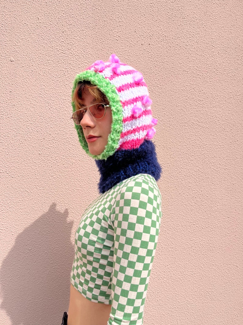 Hand knit balaclava with pom poms, cozy hand knit head wear, colorful knitted hood, striped balaclava in pink white and green image 6