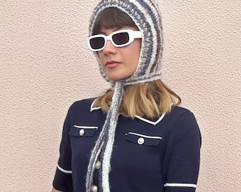 Handmade Mohair Knit Bonnet: Striped Vintage Winter Hat