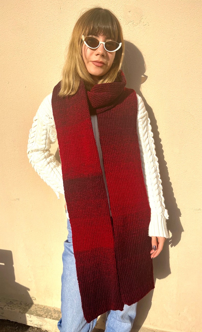 Hand knitted scarf in gradient red tones, cozy winter accessory, handmade neckwear made from 25% wool image 10