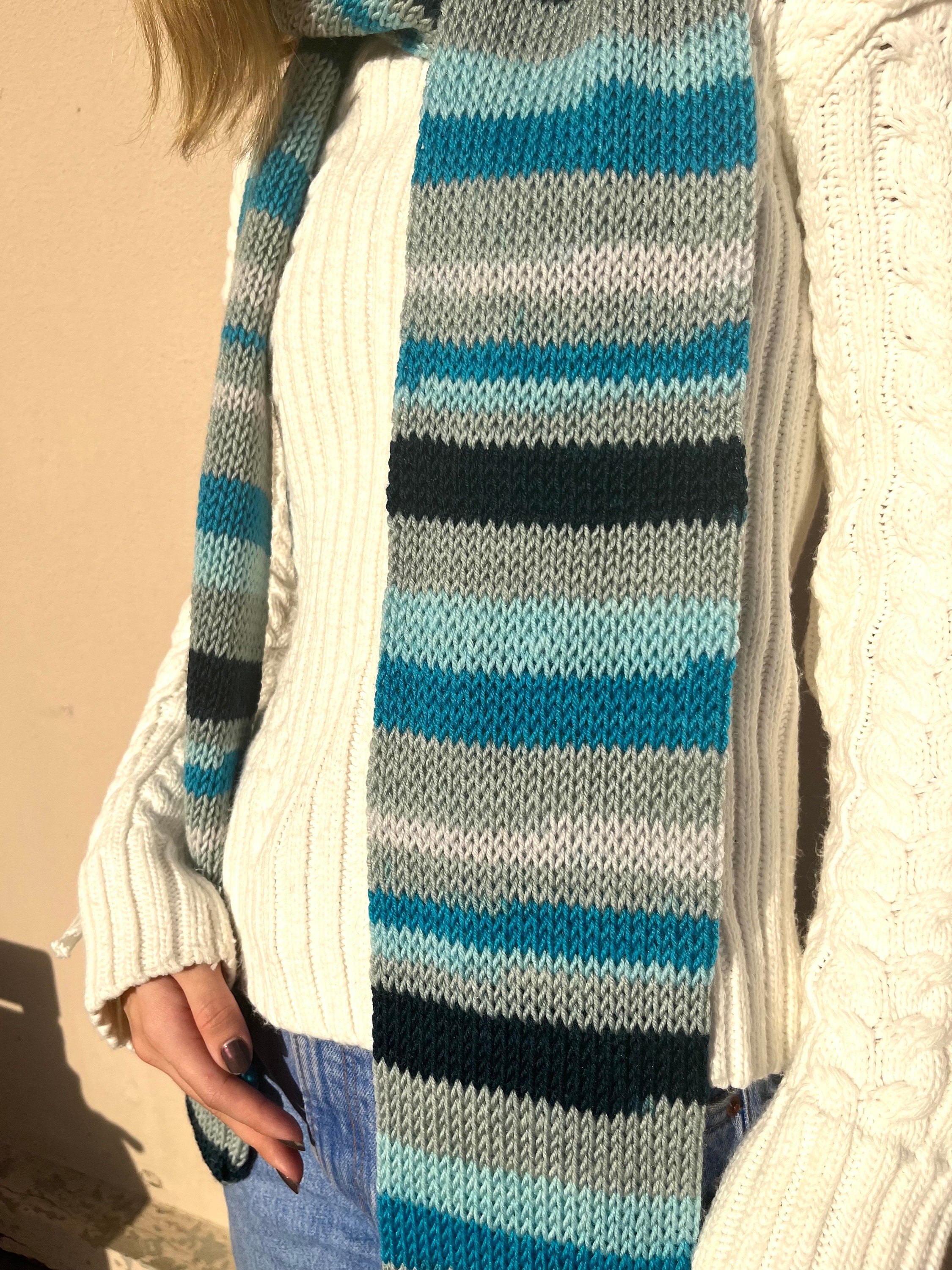Sciarpa In Lana Lavorata A Maglia, Unisex, A Righe, Colori Blu Marino, Verde, Marrone E Giallo, 185 X 26 Cm, Made In Germany, Regalo Per Lui E Lei
