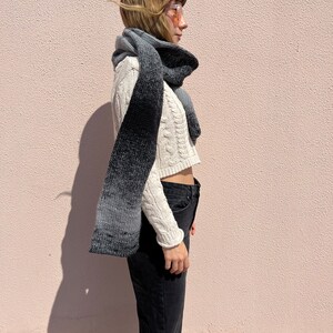 Hand knitted wool scarf in gradient black and gray tones image 9