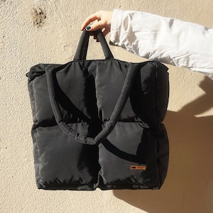 Large size black puffer bag, puffy laptop work bag, quilted tote bag