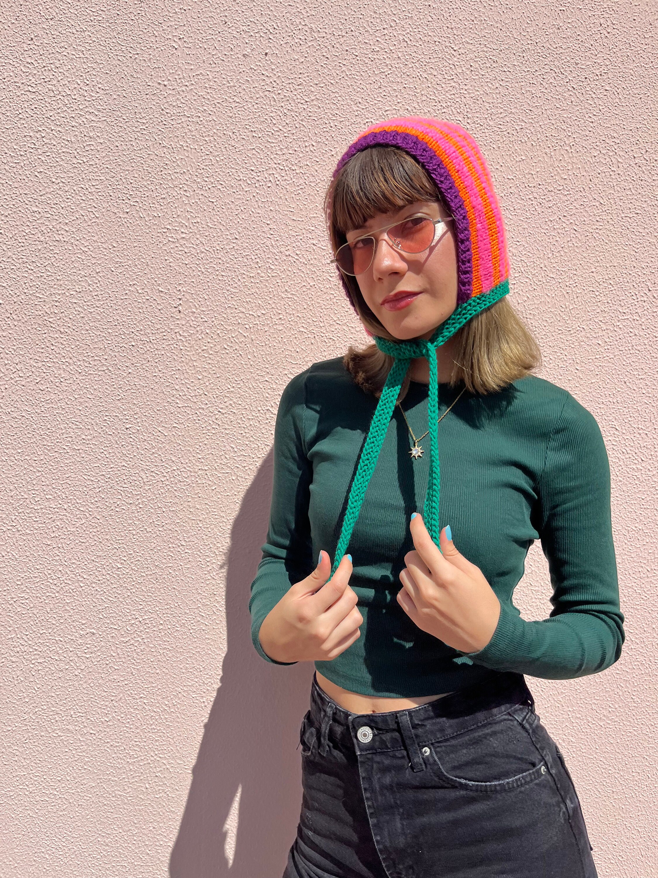Hand Knitted Adult Bonnet in Neon Vibrant Colors, Colorful Striped ...