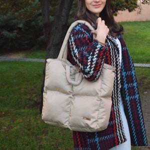 Handmade Stone Puffer Tote Bag: Quilted Laptop Bag