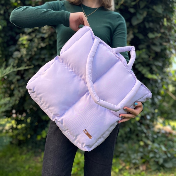 Puffer bag, lilac puffy bag, large size tote bag, puffer work bag, handmade laptop bag, oversize puffer bag