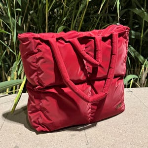 Cherry Red Puffer Tote Bag: Quilted Oversized Shoulder Bag