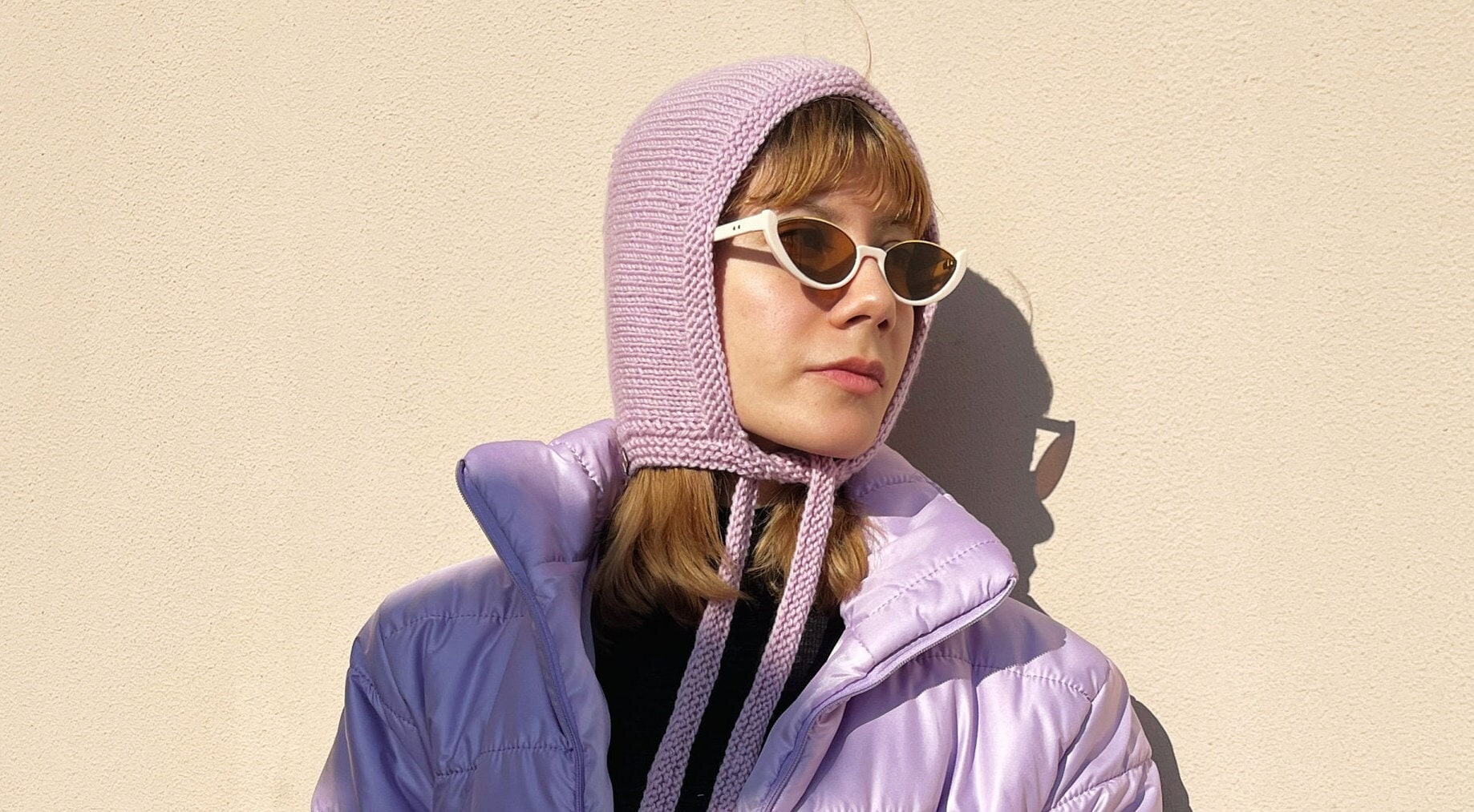 Hand Knit Wool Bonnet: Lilac Balaclava with Ties