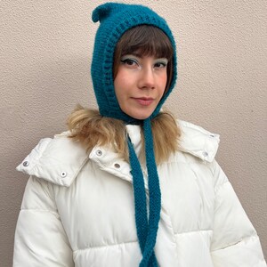 Petrol blue mohair balaclava, cat ears bonnet, hand knitted balaclava with ties, blue adults bonnet with ears image 8