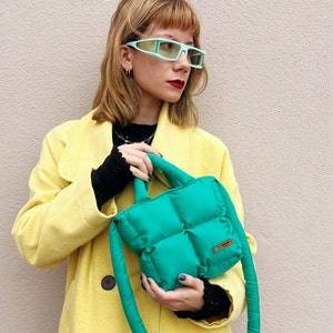 Puffer bag in jade green, handmade puffy pillow bag, mini puffer tote bag, four seasons bag,  mini shoulder bag