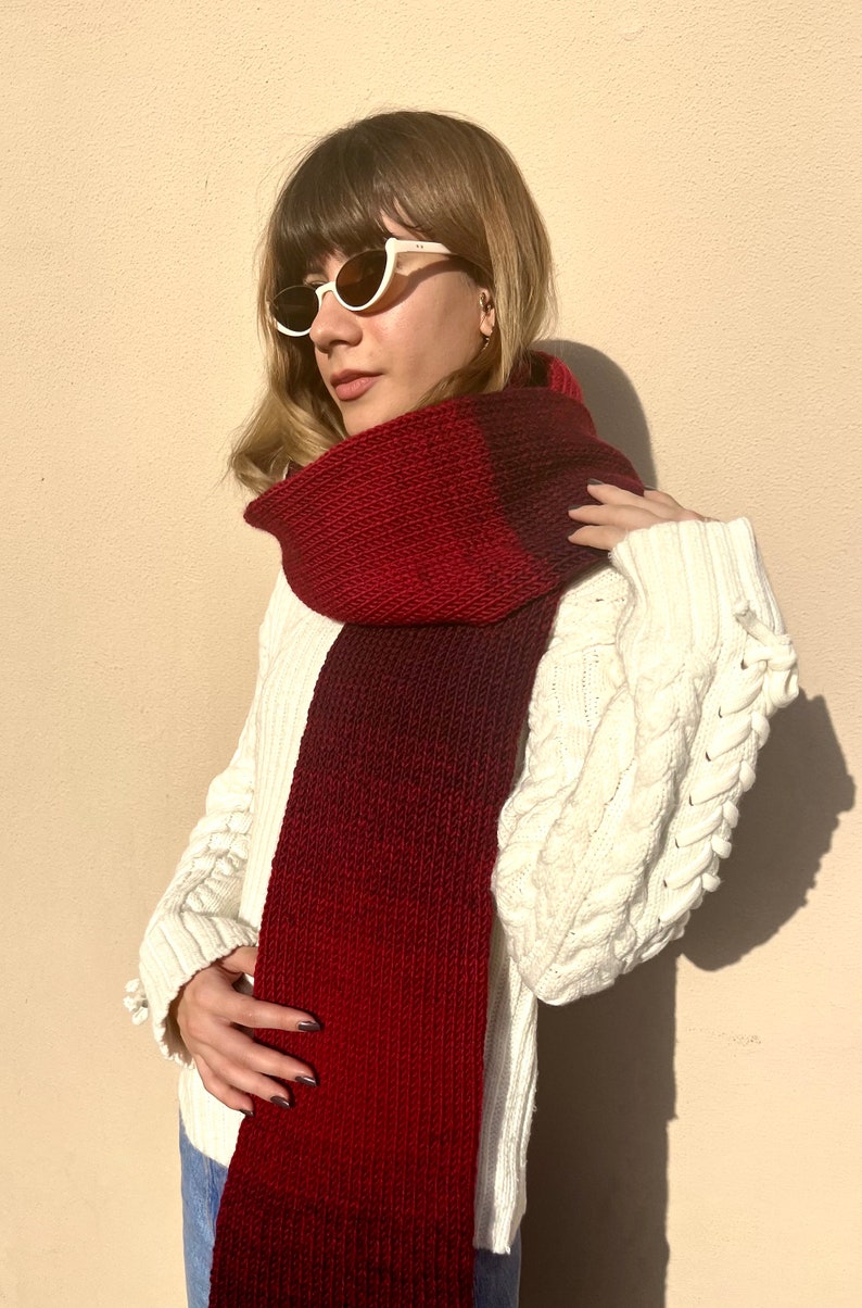 Hand knitted scarf in gradient red tones, cozy winter accessory, handmade neckwear made from 25% wool image 4
