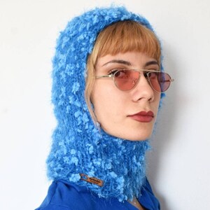 Hand knitted blue balaclava, fuzzy balaclava, handmade fluffy hood