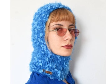 Hand knitted blue balaclava, fuzzy balaclava, handmade fluffy hood