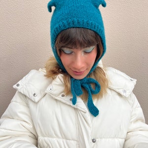 Petrol blue mohair balaclava, cat ears bonnet, hand knitted balaclava with ties, blue adults bonnet with ears image 4