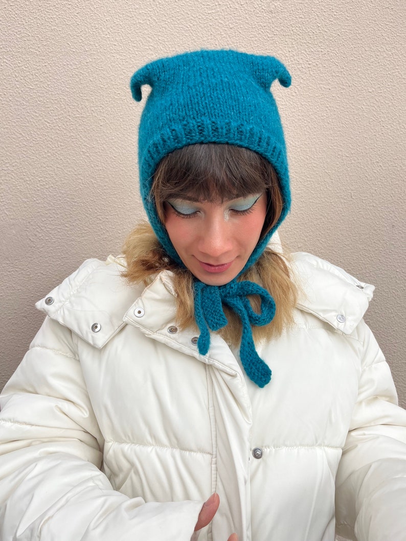 Petrol blue mohair balaclava, cat ears bonnet, hand knitted balaclava with ties, blue adults bonnet with ears image 4