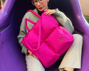 Fuchsia Kugeltasche, bauschige Arbeitstasche, gesteppte Tasche für Laptop, große Kissentasche, große Einkaufstasche in Pink