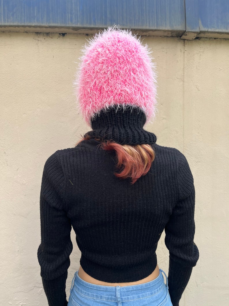 Fuzzy balaclava knit, hand knitted fluffy balaclava in pink black white, colorful cozy hood, unique ski mask image 9