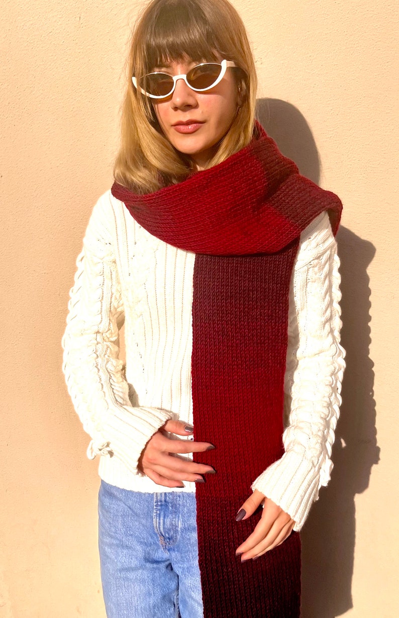 Hand knitted scarf in gradient red tones, cozy winter accessory, handmade neckwear made from 25% wool image 6