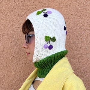 Hand knitted balaclava with purple cherries