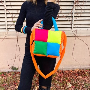 Pillow puffer bag in neon colors, handmade puffy purse, limited edition unique design puffer tote bag, quilted square bag, everyday  bag