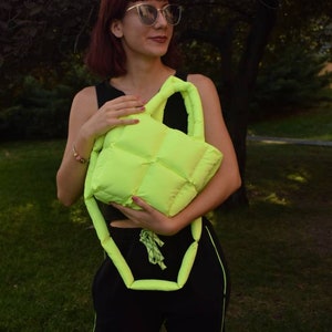 Neon yellow puffer bag, puffy tote bag, personalized limited edition bag, quilted bag, cloud pillow bag