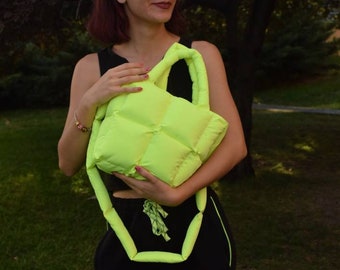 Neon Yellow Puffer Bag: Quilted Tote Bag, Cloud Pillow Design
