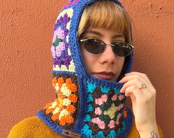 Crochet balaclava, balaclava knit, colorful granny square helmet, knitted hood, floral beanie balaclava, handmade head wear gift