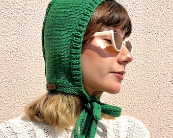 Merino wool knit bonnet with different color options, balaclava with ties in green