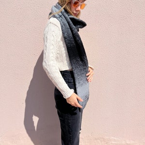 Hand knitted wool scarf in gradient black and gray tones image 8