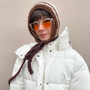 Unique mohair bonnet for adults, brown tones mohair balaclava with ties, super soft fluffy balaclava image 4