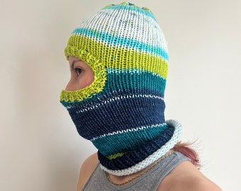 Hand knitted balaclava for men and for women, knit hood in blue tones, full face cover hat, balaclava ski mask