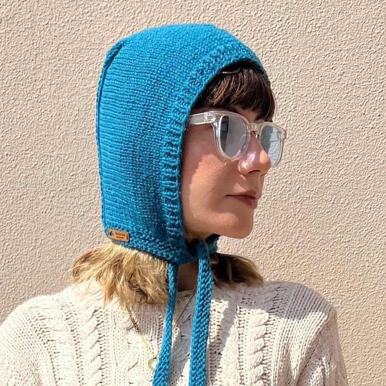 Merino wool bonnet on lagoon blue, wool adult bonnet, petrol blue balaclava, hand knitted balaclava image 1