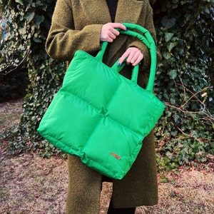 Large puffer bag in vibrant green, quilted work bag, puffy laptop bag, shoulder pillow bag
