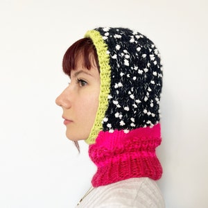 Hand knit beanie balaclava with tiny pompoms, unique textured hood in vibrant colors