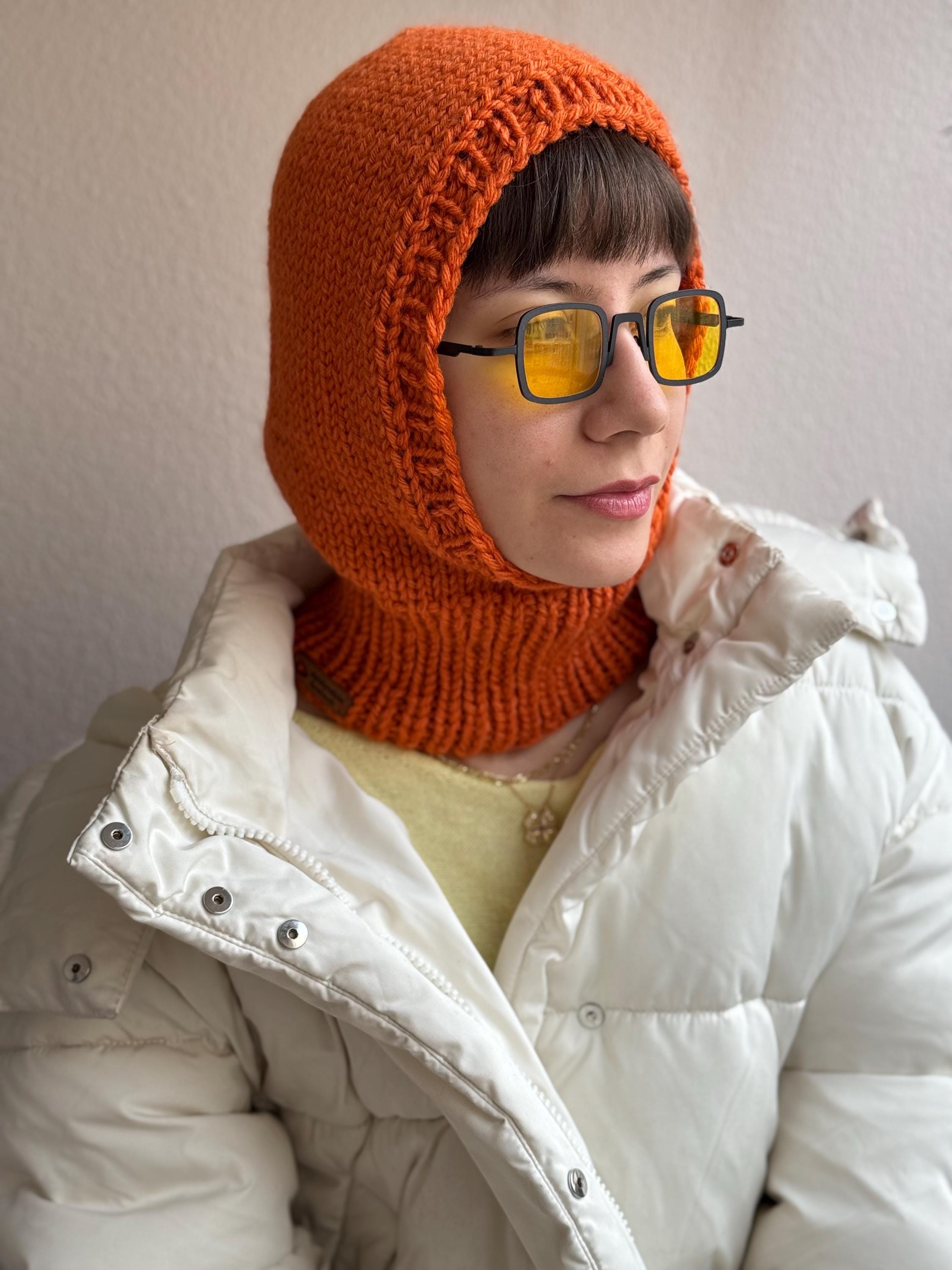 手編みウール混紡バラクラバ：ラストオレンジニットスキーフード