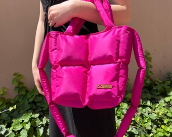 Handmade fuschia puffer bag, vibrant color puffy pillow bag in midi size, tote bag with lining and inner pocket, pink puffer purse