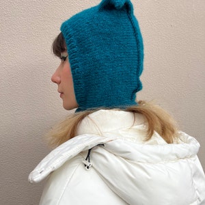 Petrol blue mohair balaclava, cat ears bonnet, hand knitted balaclava with ties, blue adults bonnet with ears image 5