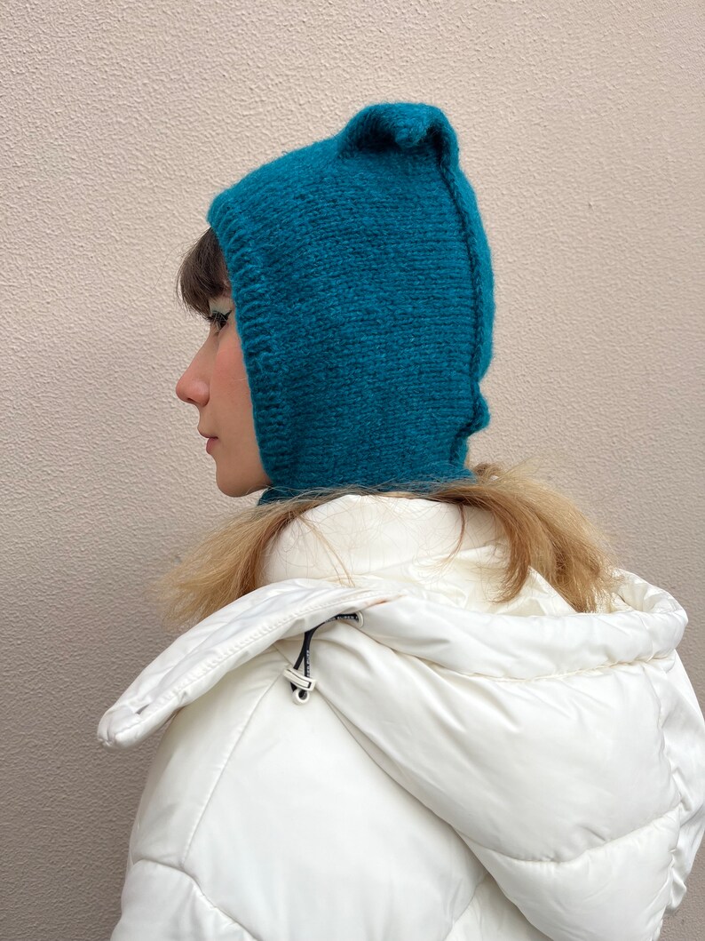 Petrol blue mohair balaclava, cat ears bonnet, hand knitted balaclava with ties, blue adults bonnet with ears image 5