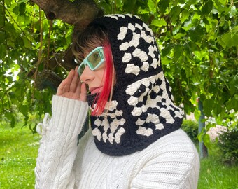 Crochet Balaclava Black and White Winter Hat Cotton Hood Unisex Balaclava Granny Square for Knit Lovers