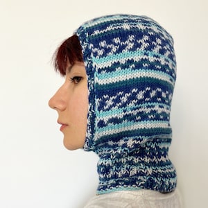 Balaclava knit, cozy wool balaclava, multi color blue beanie, balaclava for women, warm hand knitted hood, balaclava for men