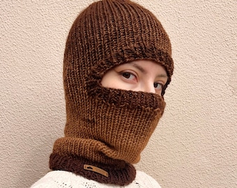 Balaclava full face cover, hand knitted wool balaclava in brown tones, multicolor unisex balaclava, fitted socky balaclava