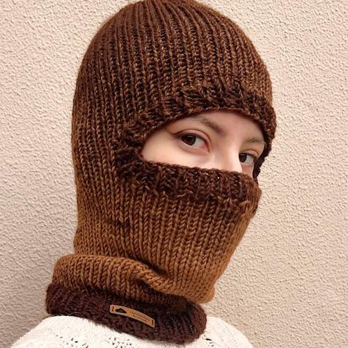 Hand-knitted Wool Blend Balaclava: Brown Gradient Full Face Cover