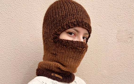 Hand-knitted Women Wool Balaclava, White, Black, Red, Face