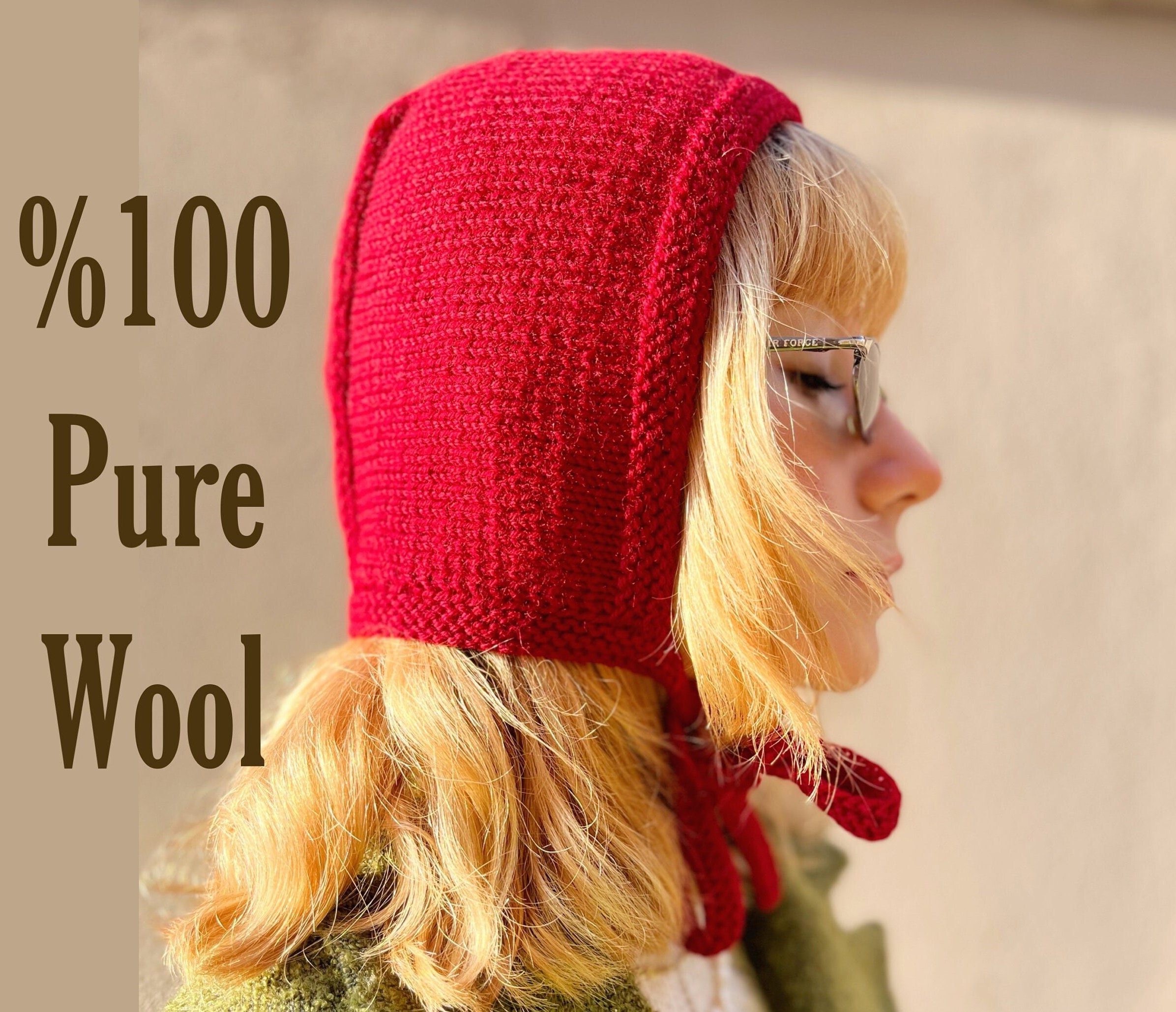 Hand-knit Wool Bonnet - 100% Pure Wool Winter Hat, Vintage