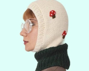 Balaclava knit, hand knitted hood, winter hat with mushrooms, knit balaclava with toadstool, socky balaclava with fruits