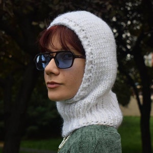Hand Knitted White Balaclava: Soft Wool Blend Unisex Hood
