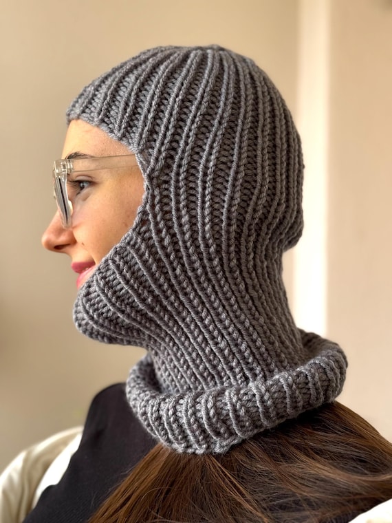 Hand-knitted Gray Wool Blend Balaclava: Ribbed Winter Ski Mask - Etsy