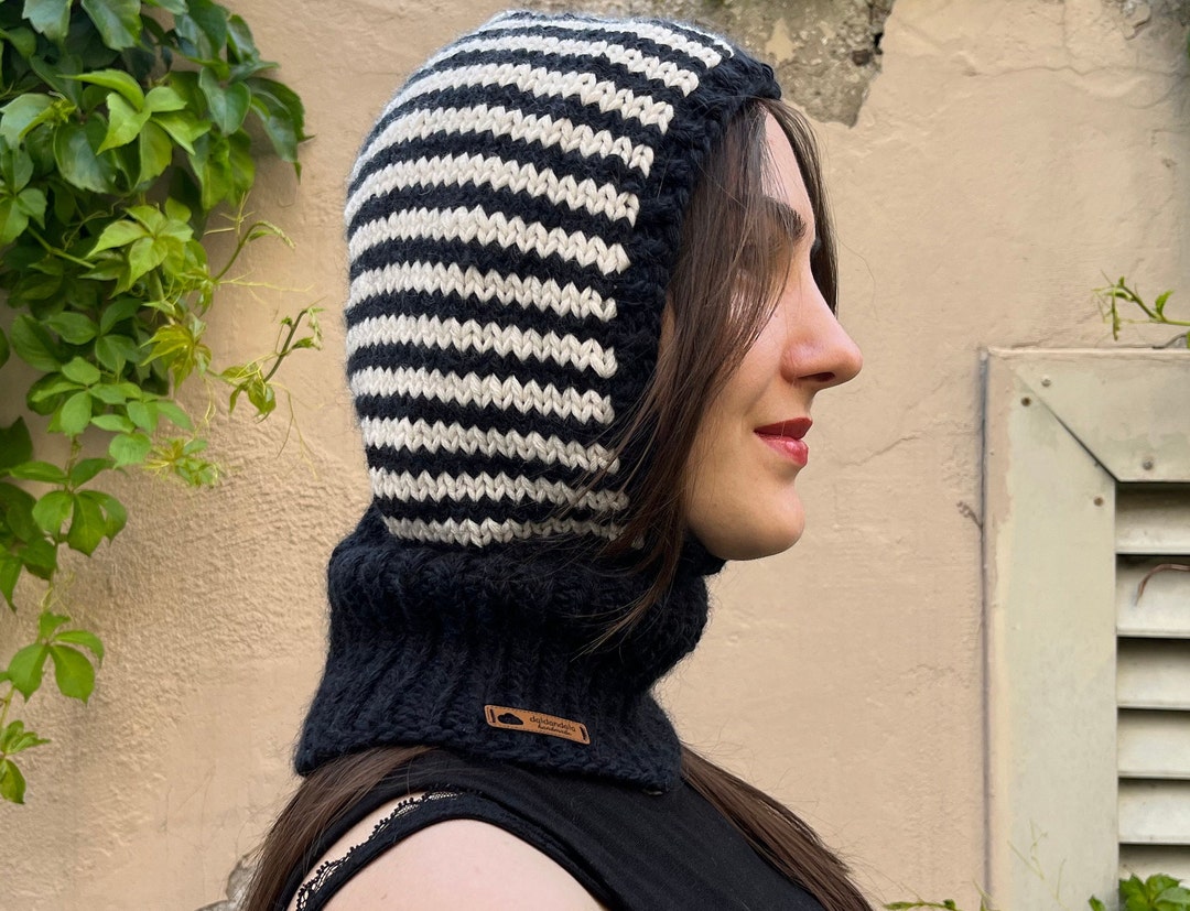Hand Knitted Balaclava With Stripes, Black and White Balaclava ...
