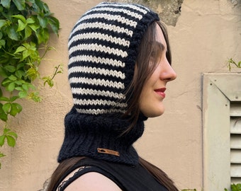 Hand knitted balaclava with stripes, black and white balaclava, handmade hood